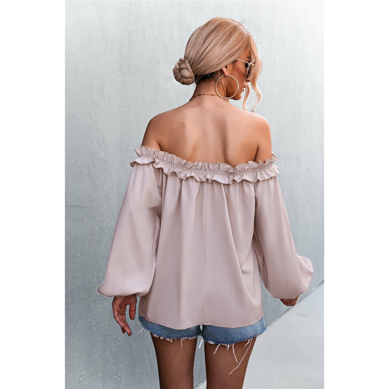 Frill Trim Off-Shoulder Balloon Sleeve Top