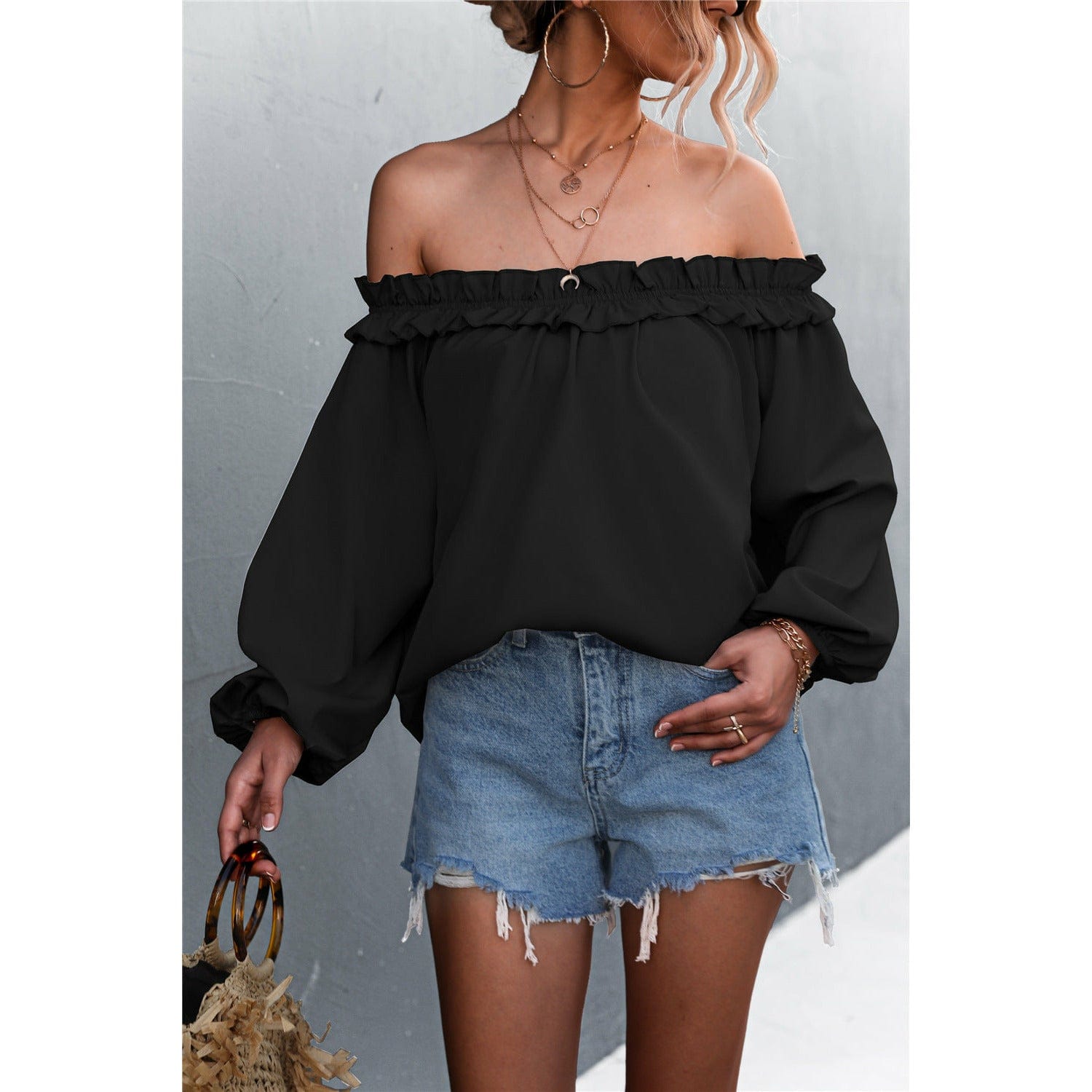 Frill Trim Off-Shoulder Balloon Sleeve Top