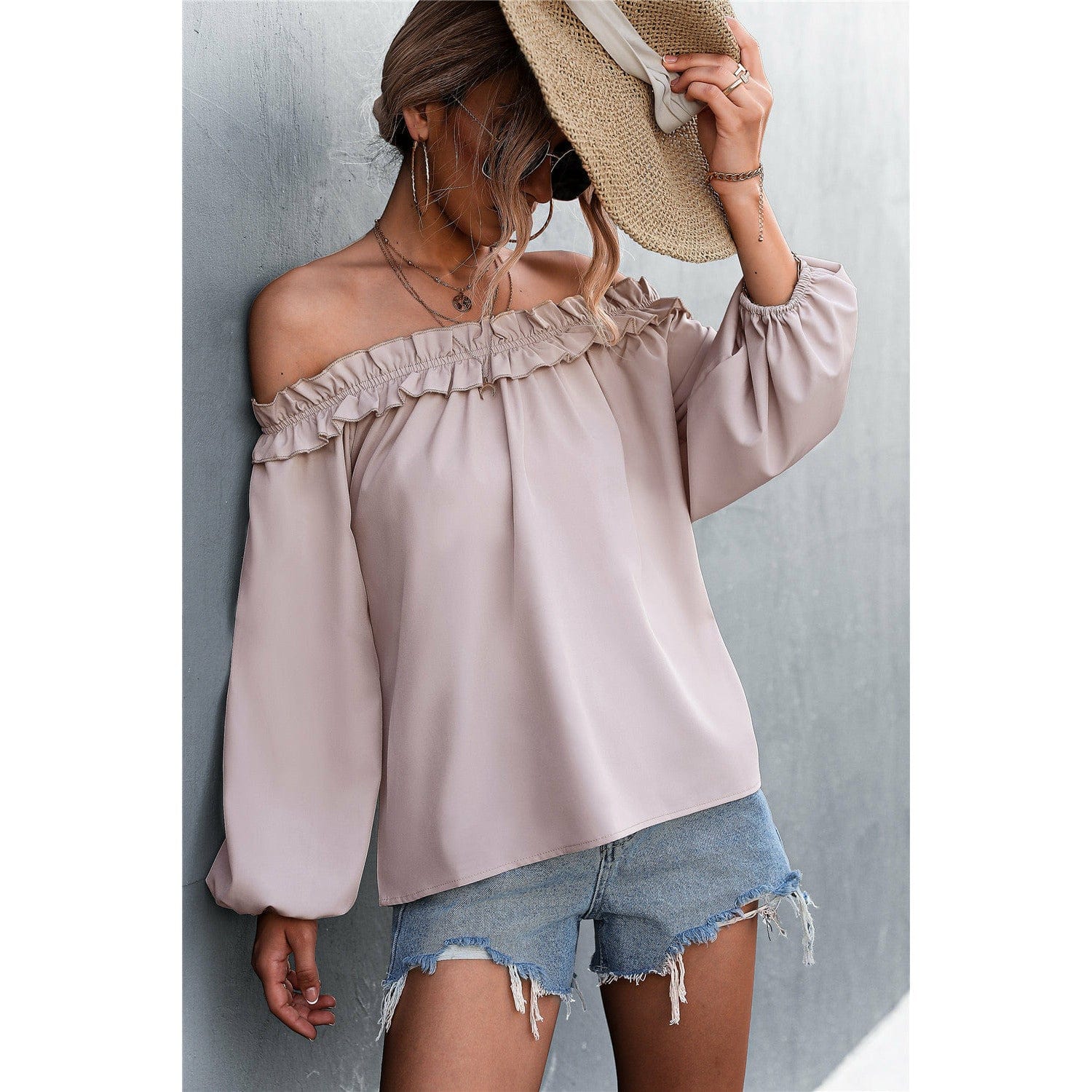 Frill Trim Off-Shoulder Balloon Sleeve Top