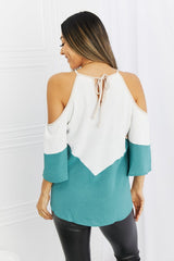 Full Size Color Block Cold-Shoulder Blouse