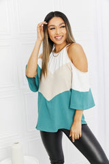 Full Size Color Block Cold-Shoulder Blouse