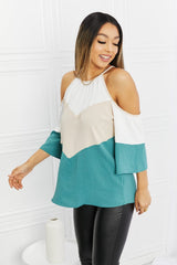 Full Size Color Block Cold-Shoulder Blouse