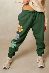 Full Size Drawstring Flower Graphic Long Sweatpants