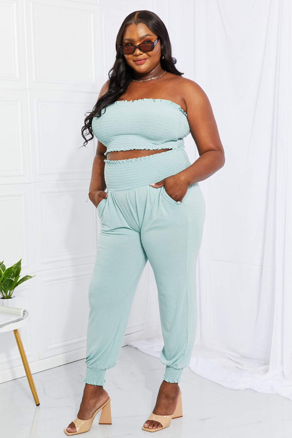 Full Size Stylish Comfort Smocked Tube Top & Joggers Set