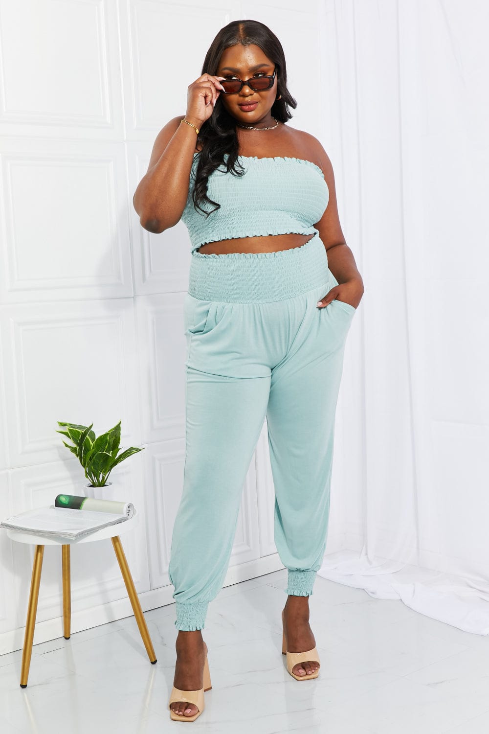 Full Size Stylish Comfort Smocked Tube Top & Joggers Set