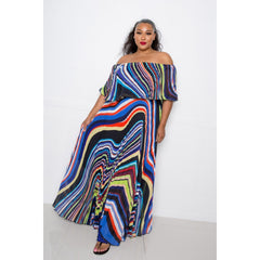 Geo Printed Off Shoulder Pleated Maxi Dress