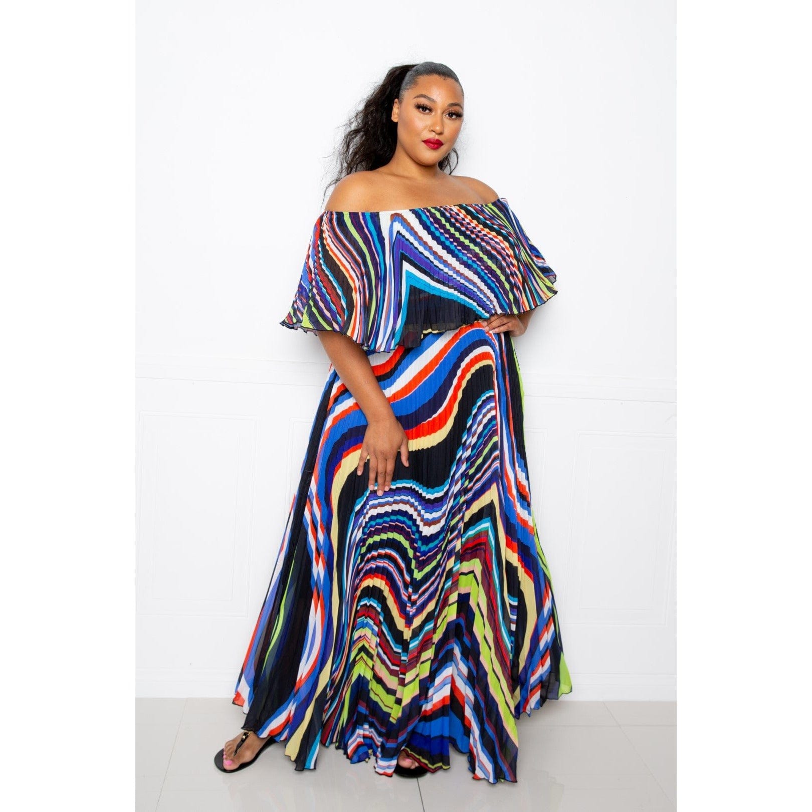 Geo Printed Off Shoulder Pleated Maxi Dress