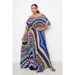 Geo Printed Off Shoulder Pleated Maxi Dress