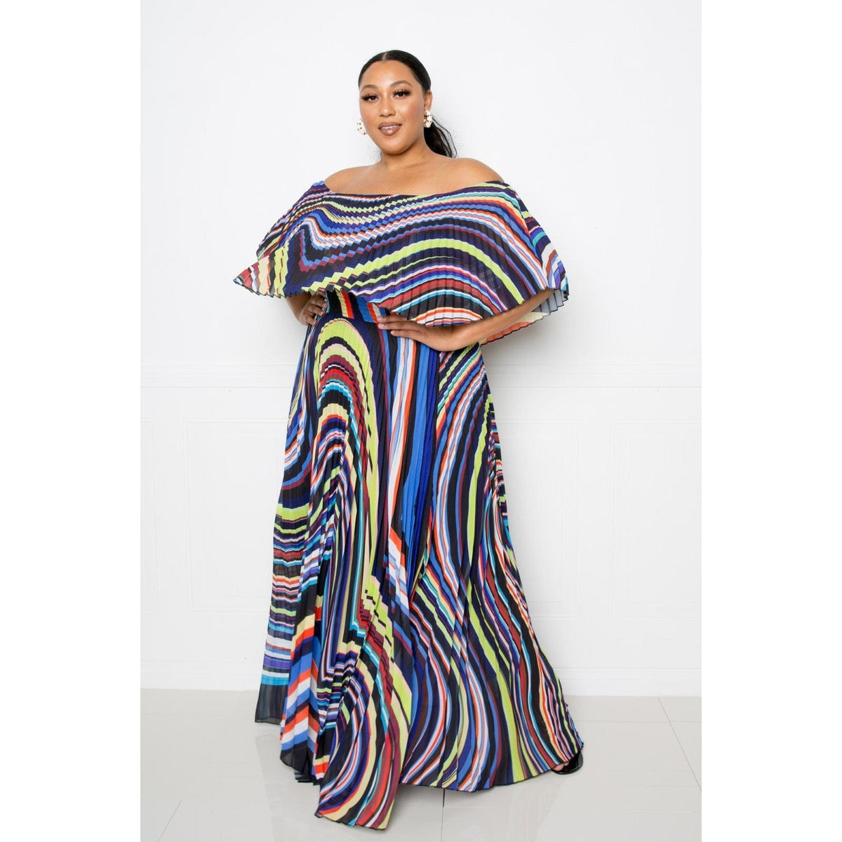 Geo Printed Off Shoulder Pleated Maxi Dress