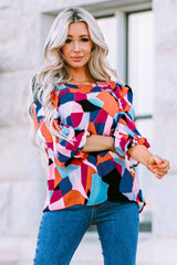 Geometric Flounce Sleeve Blouse