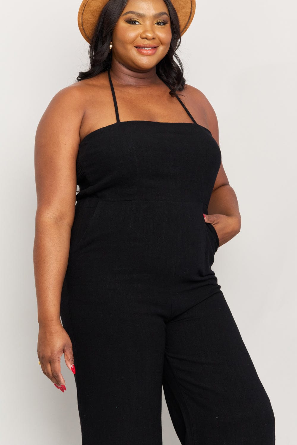 Halter Neck Wide Leg Jumpsuit with Pockets