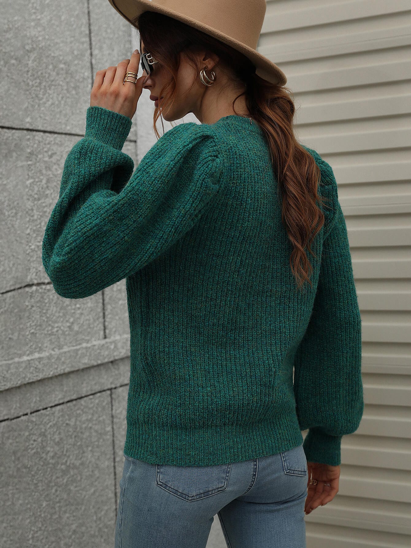 Heathered Long Lantern Sleeve Rib-Knit Sweater