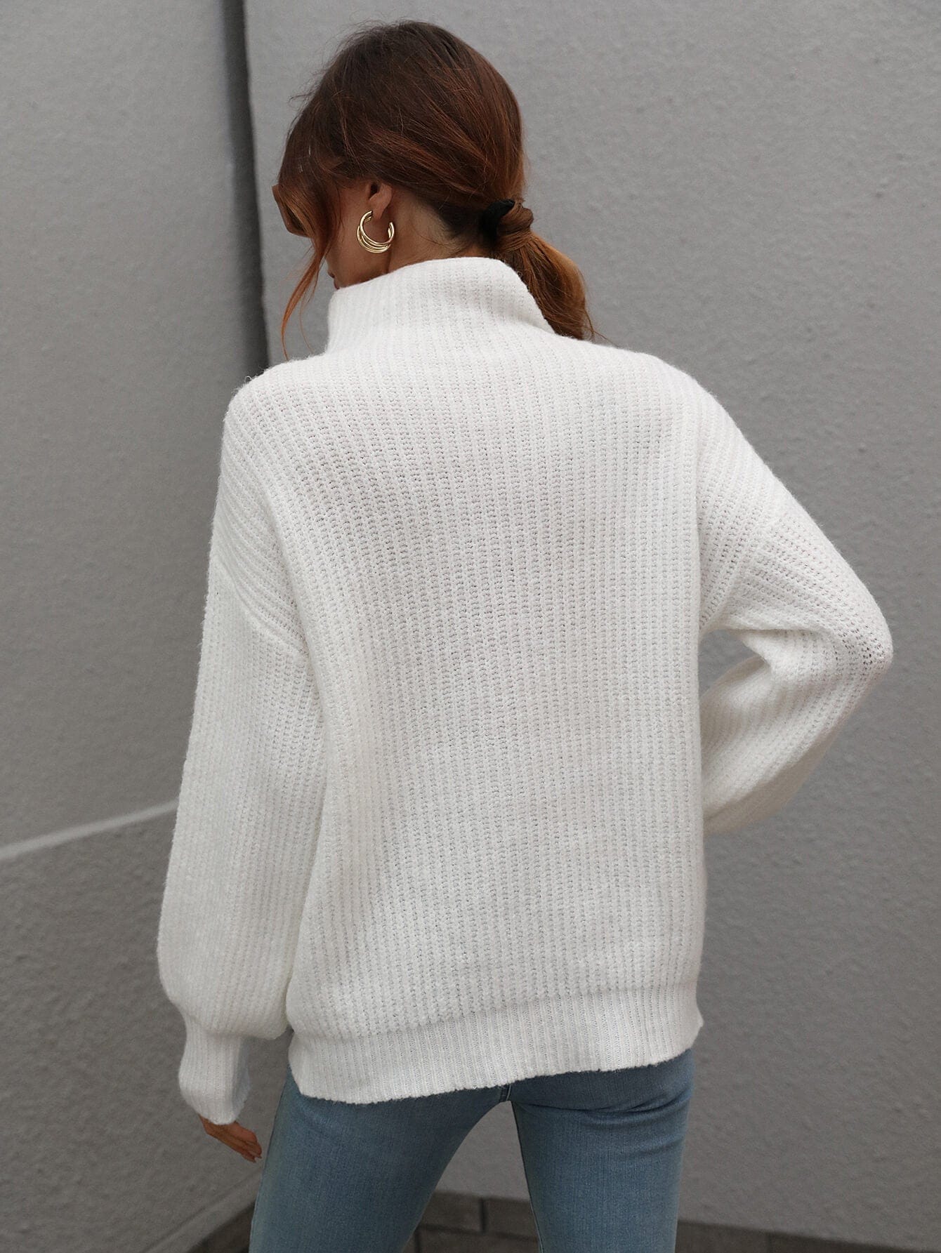 High Neck Balloon Sleeve Rib-Knit Pullover Sweater