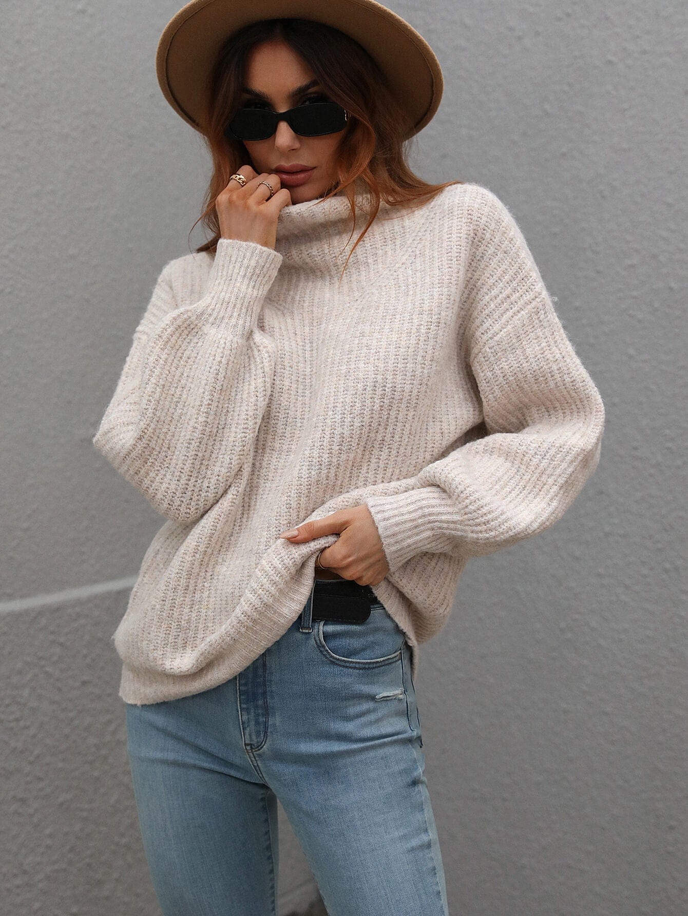 High Neck Balloon Sleeve Rib-Knit Pullover Sweater