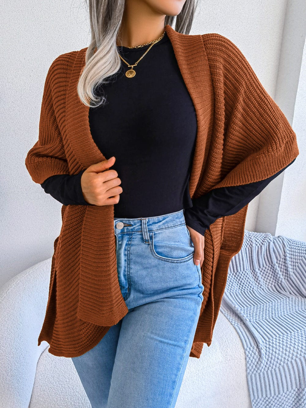 Horizontal Open Front Slit Cardigan