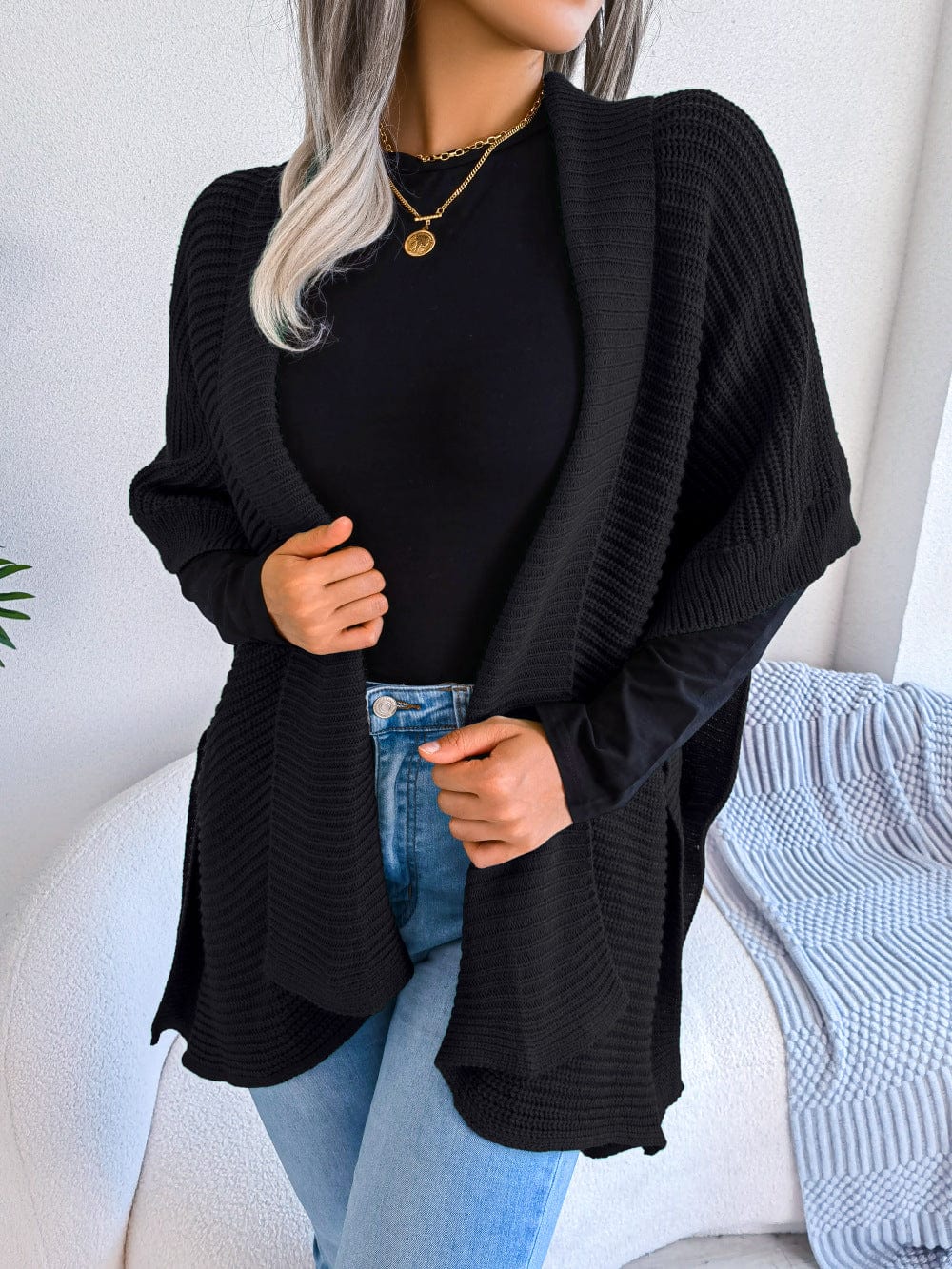 Horizontal Open Front Slit Cardigan