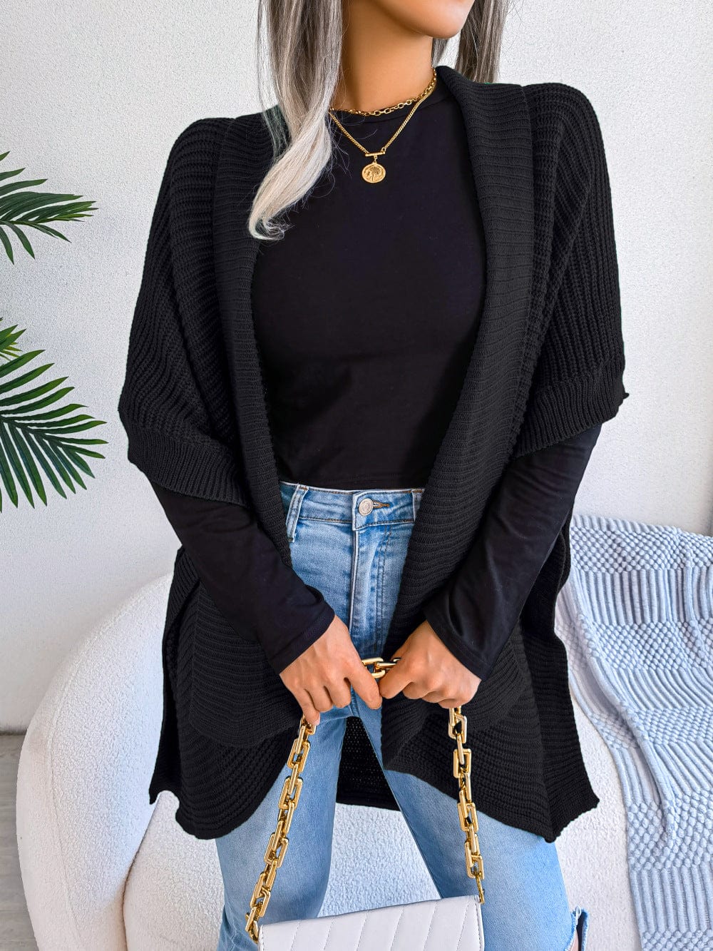 Horizontal Open Front Slit Cardigan