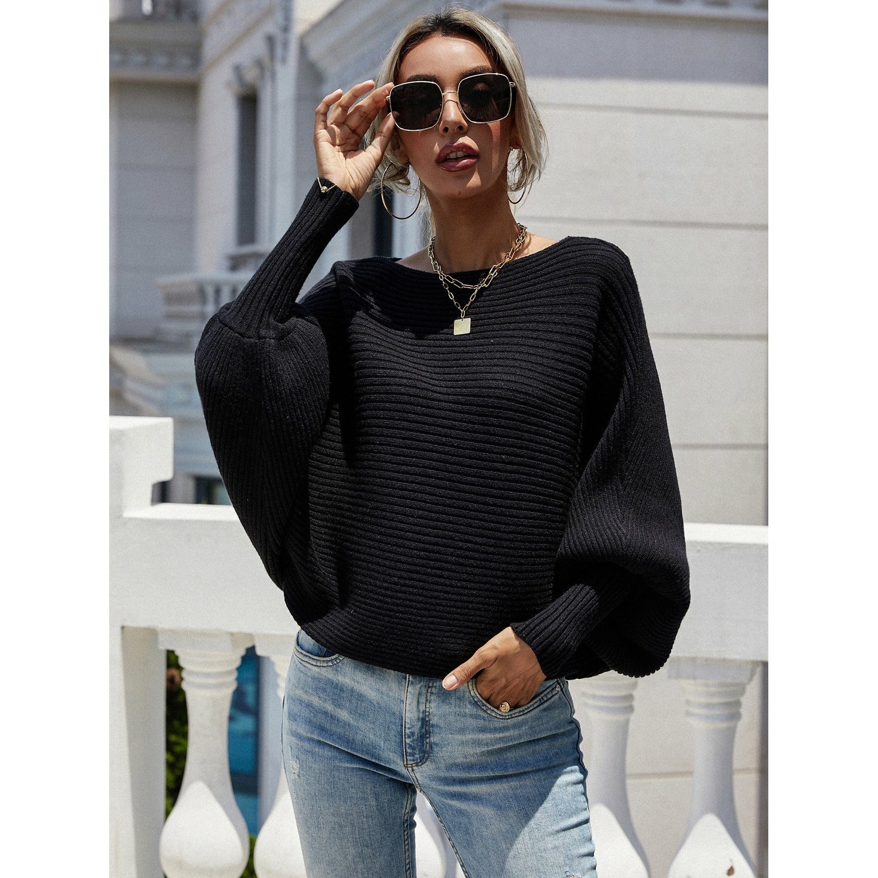 Horizontal Ribbing Dolman Sleeve Sweater