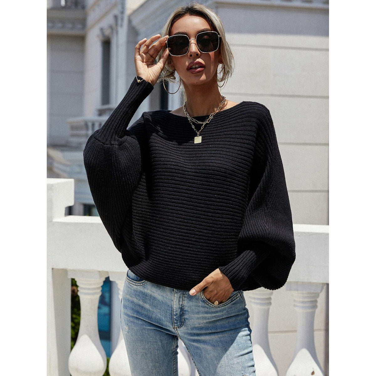 Horizontal Ribbing Dolman Sleeve Sweater