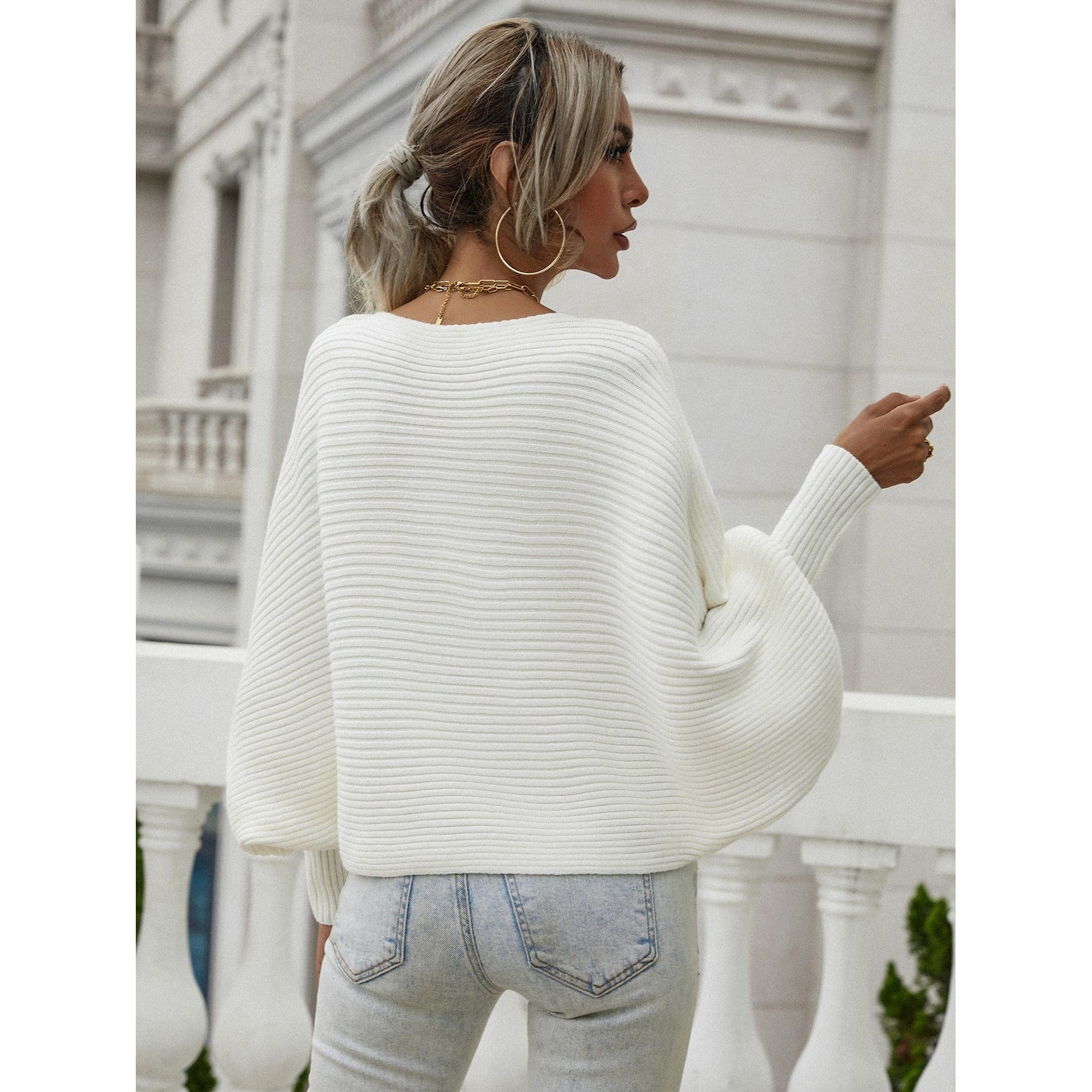 Horizontal Ribbing Dolman Sleeve Sweater