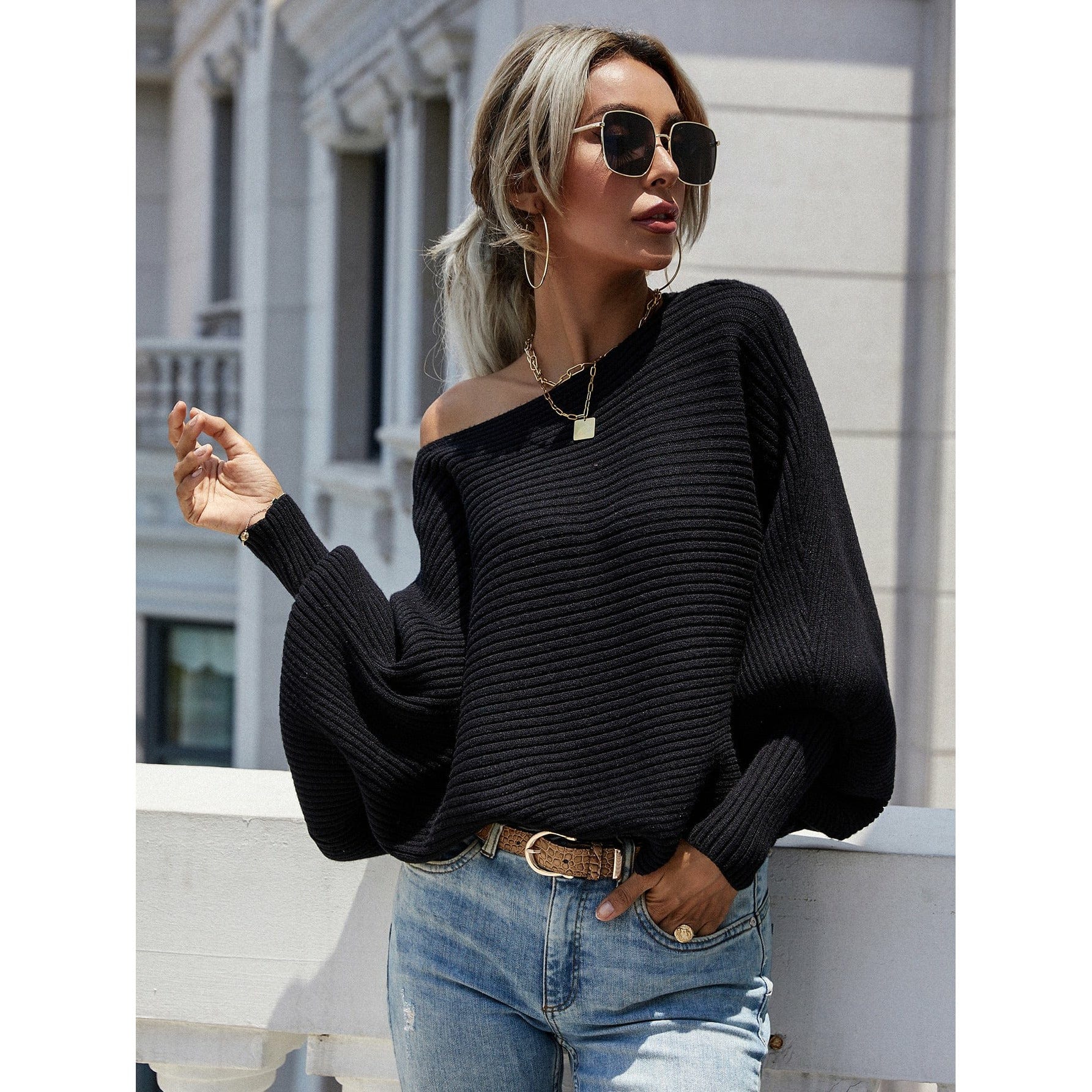 Horizontal Ribbing Dolman Sleeve Sweater