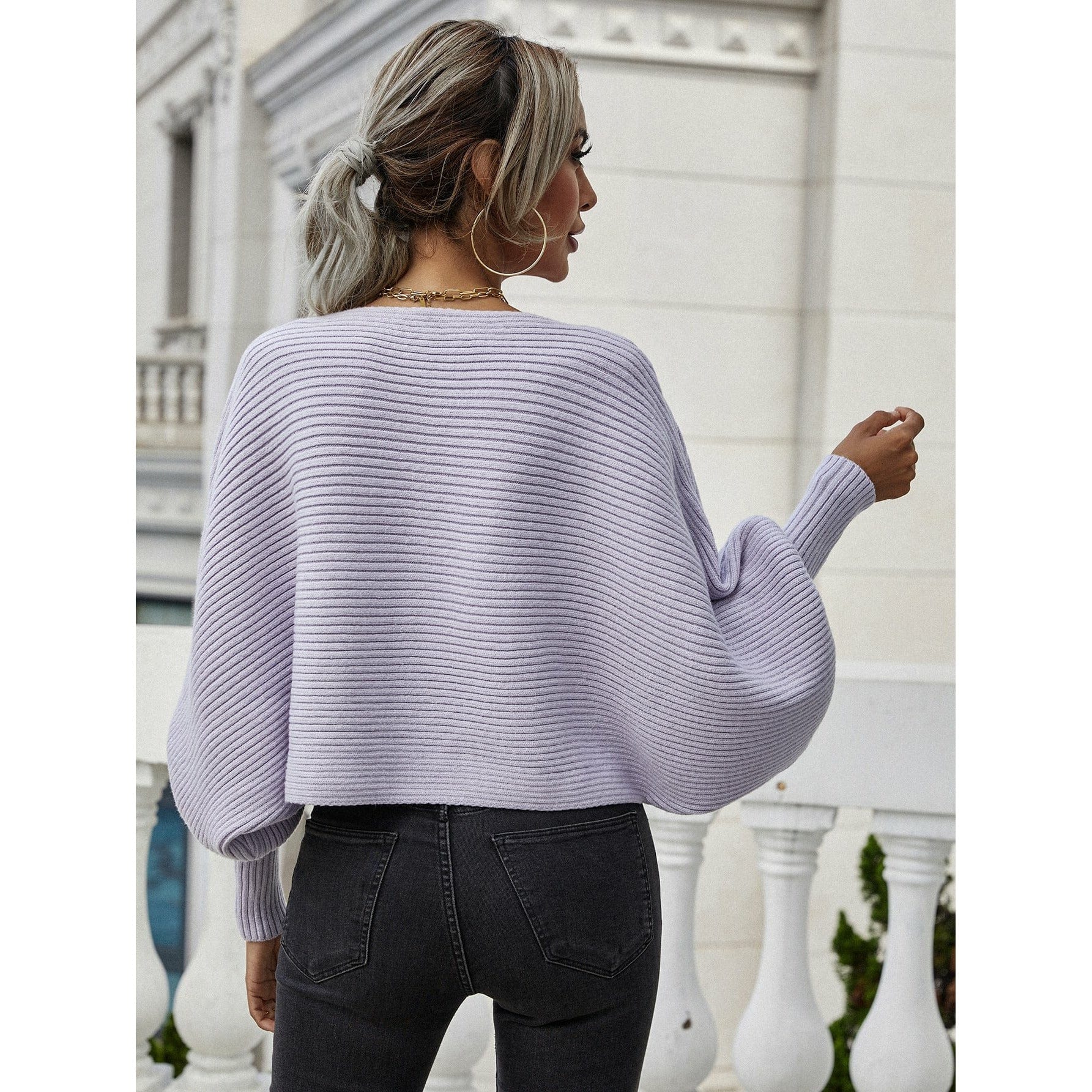 Horizontal Ribbing Dolman Sleeve Sweater