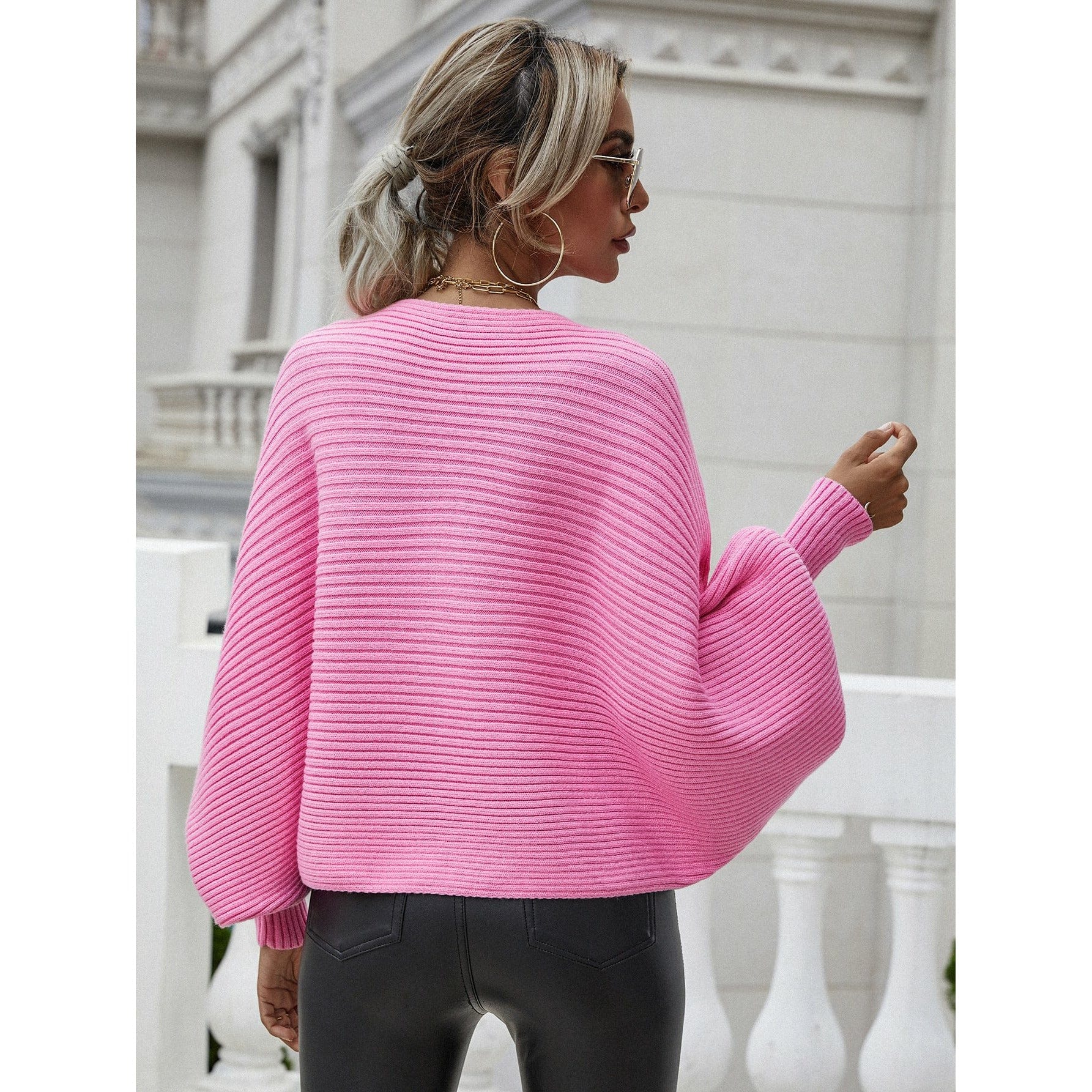 Horizontal Ribbing Dolman Sleeve Sweater