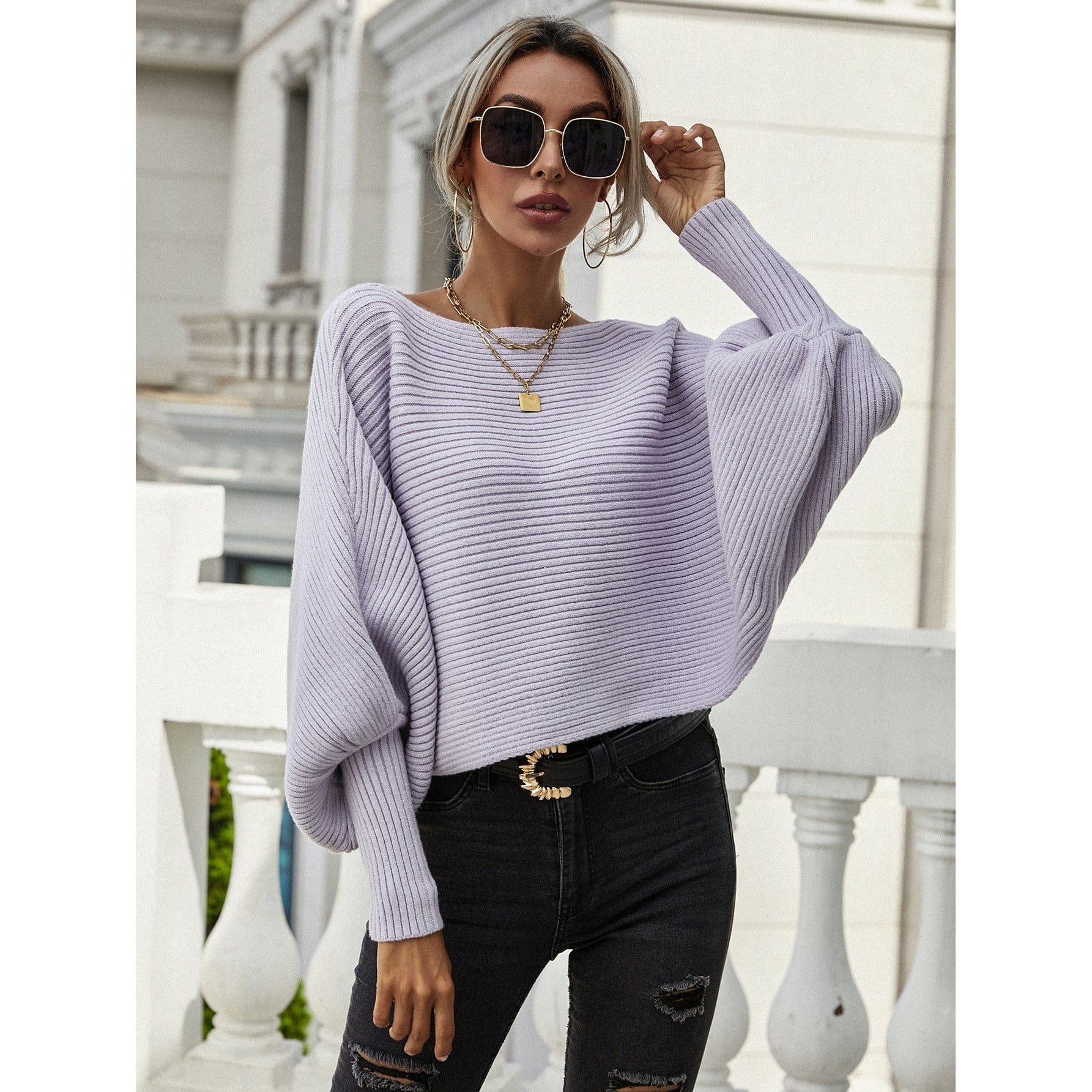 Horizontal Ribbing Dolman Sleeve Sweater