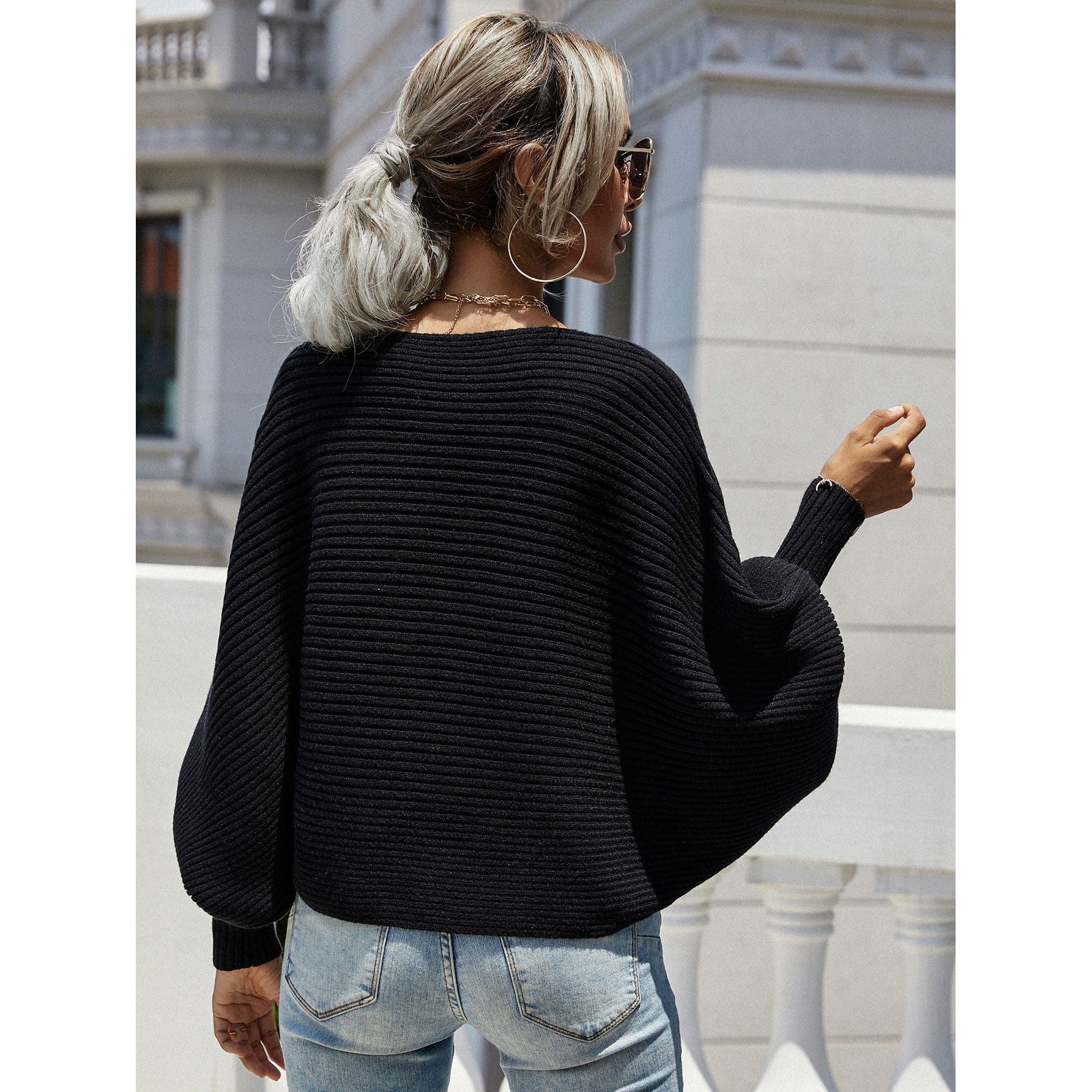 Horizontal Ribbing Dolman Sleeve Sweater