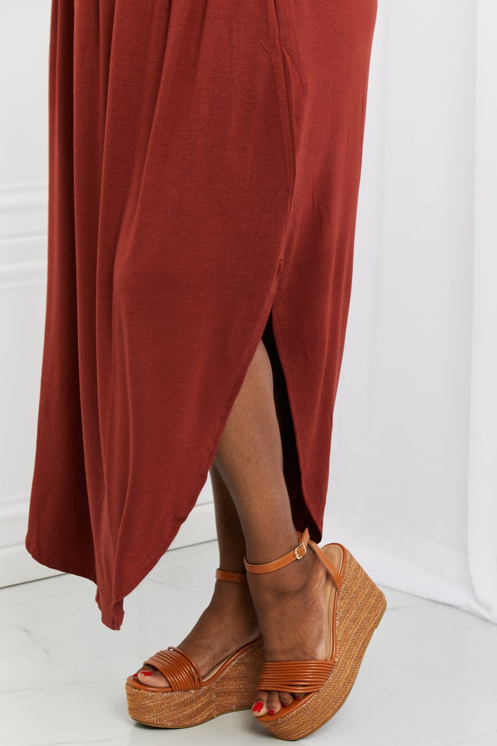 It's My Time Full Size Side Scoop Scrunch Skirt in Dark Rust