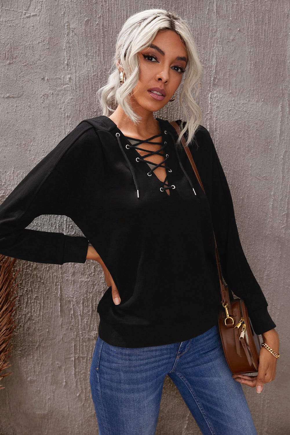 Lace-Up Dropped Shoulder Hoodie