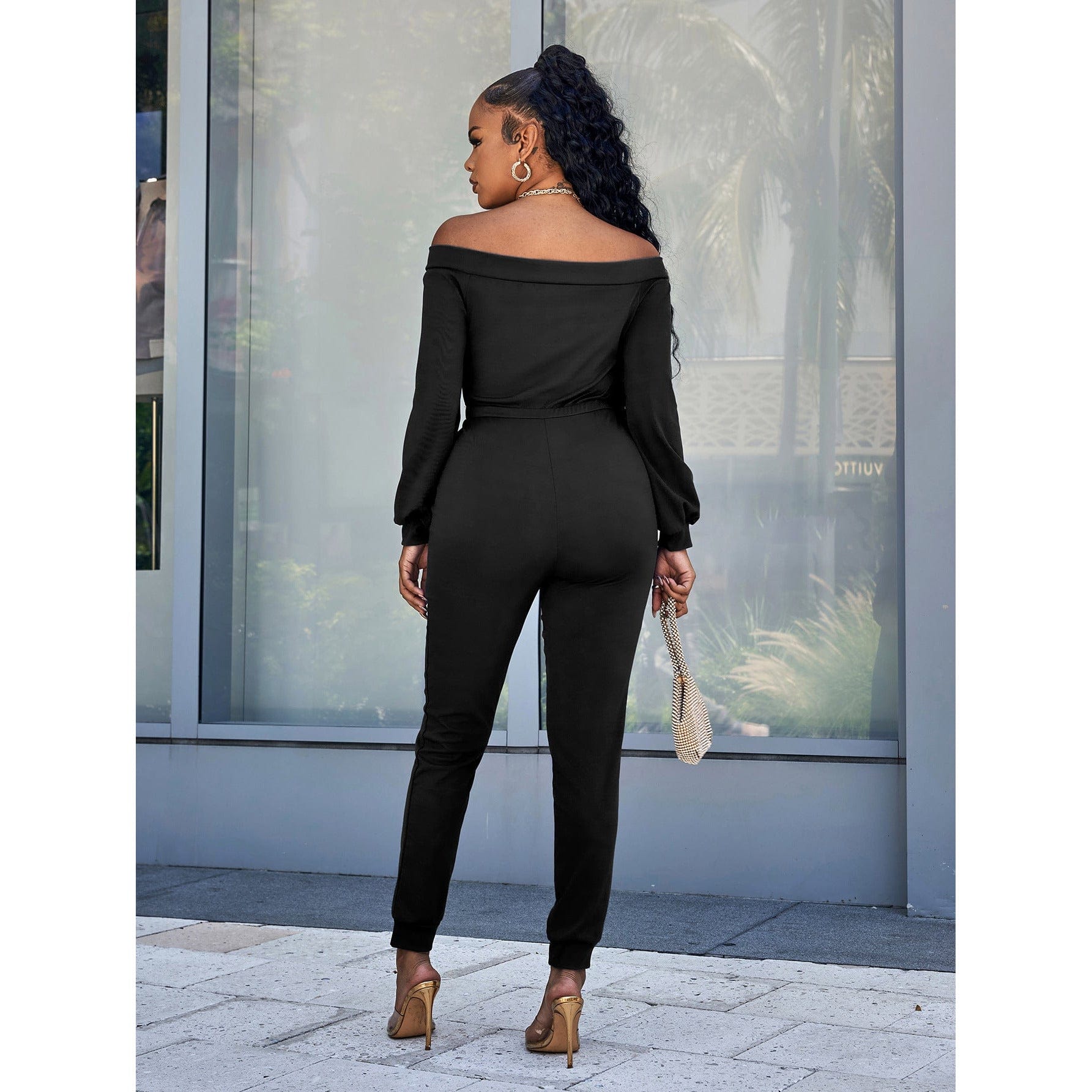 Lace-Up Off-Shoulder Long Sleeve Jumpsuit