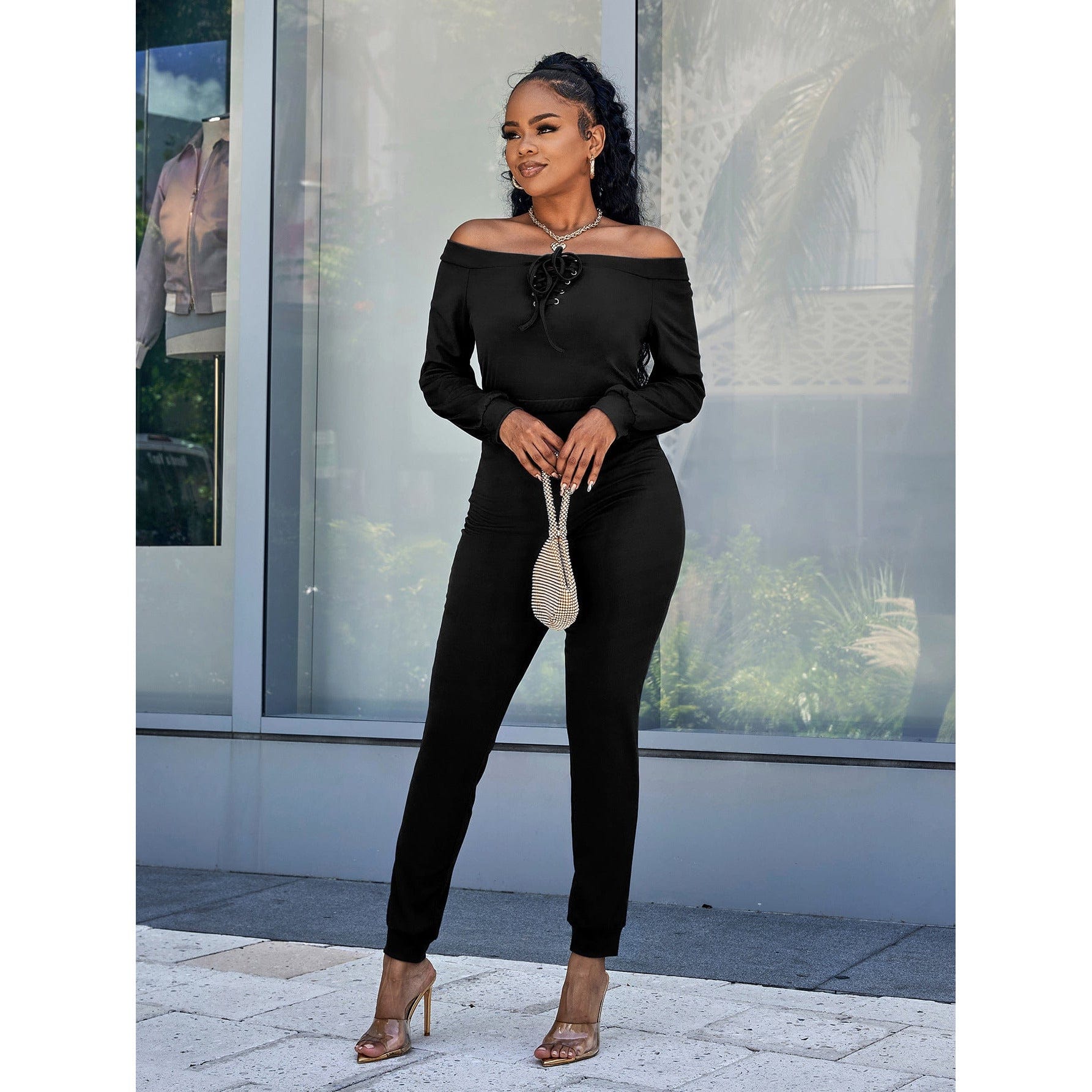 Lace-Up Off-Shoulder Long Sleeve Jumpsuit