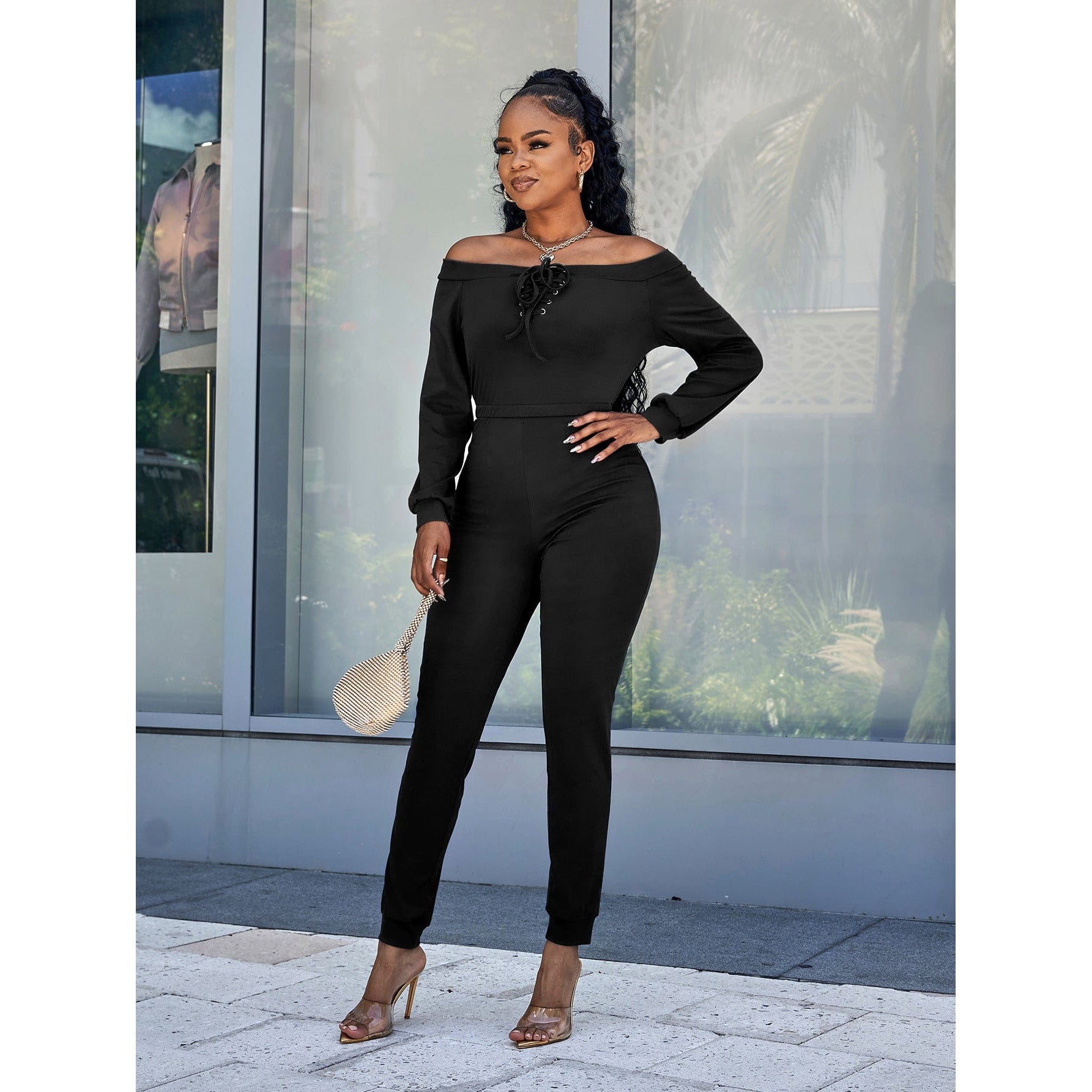 Lace-Up Off-Shoulder Long Sleeve Jumpsuit