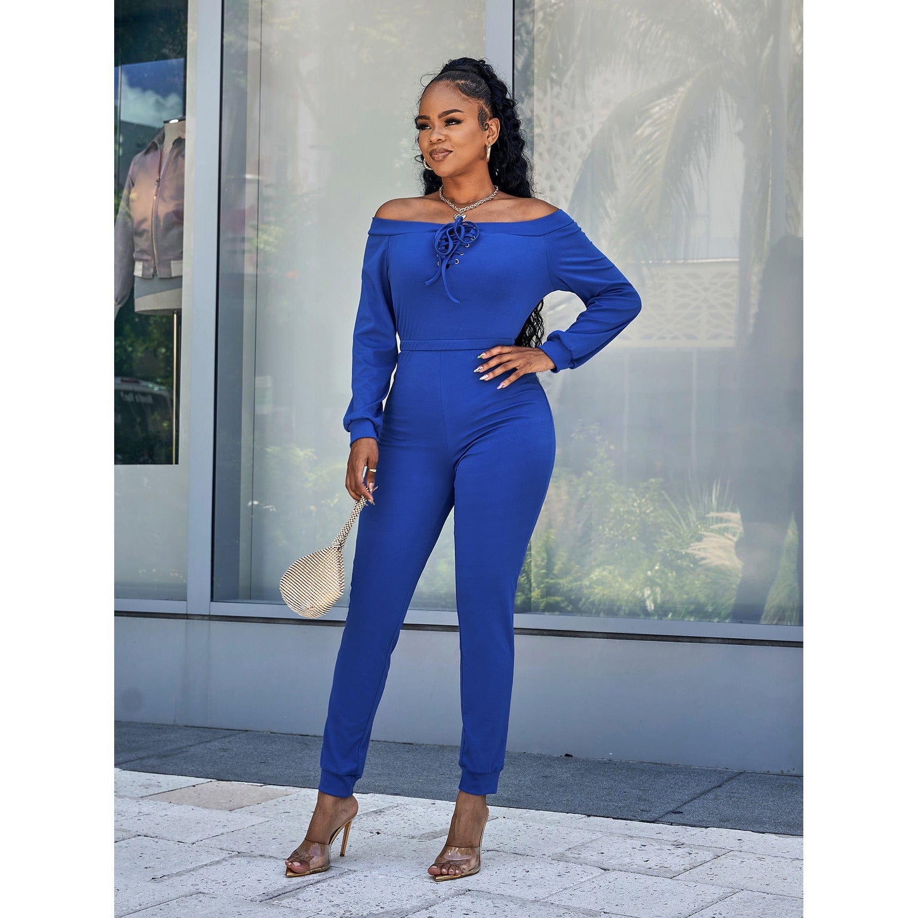 Lace-Up Off-Shoulder Long Sleeve Jumpsuit