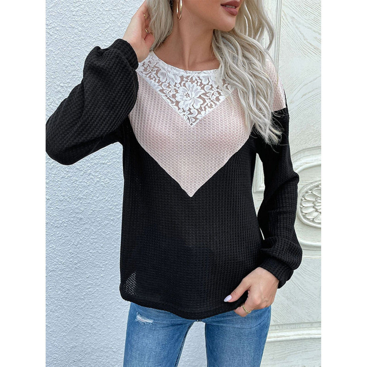 Lace Yoke Waffle Knit Top