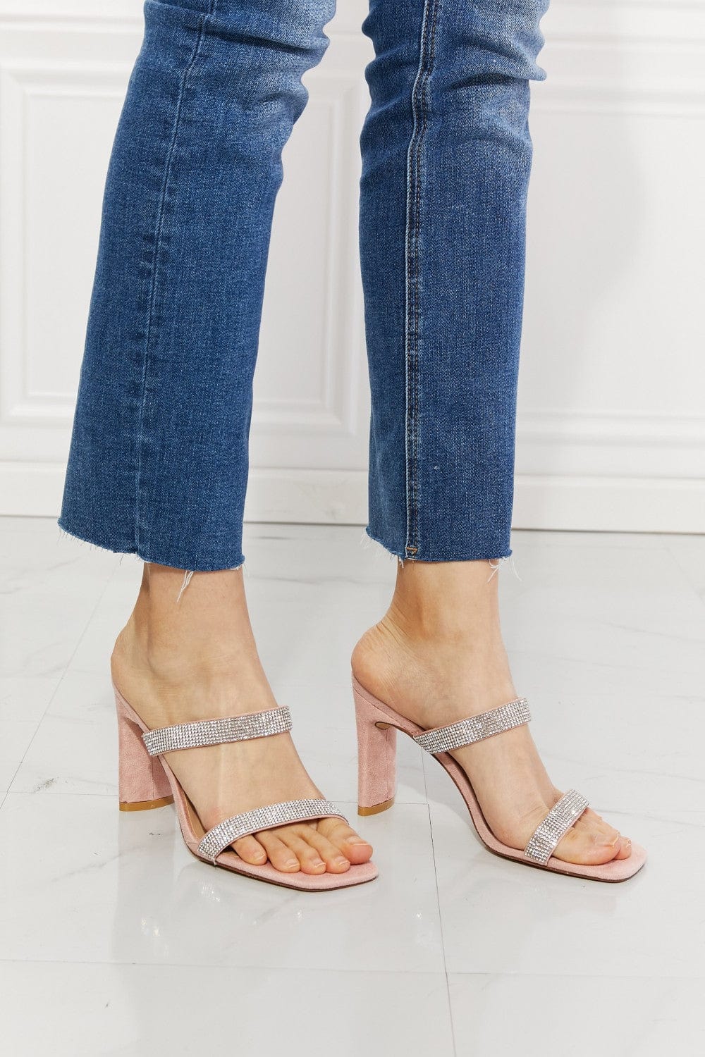 Leave A Little Sparkle Rhinestone Block Heel Sandal in Pink