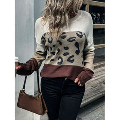 Leopard Color Block Ribbed Trim Tunic Sweater