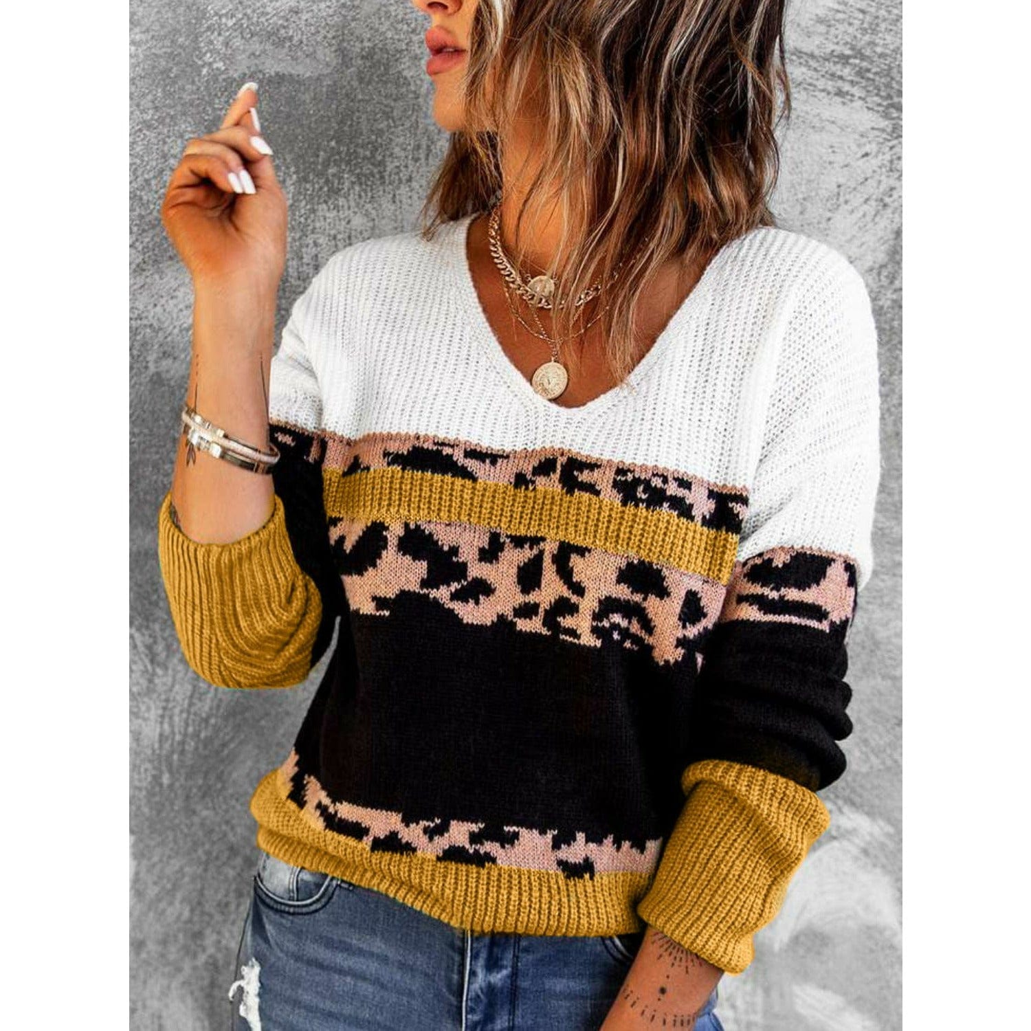 Leopard Color Block V-Neck Rib-Knit Sweater