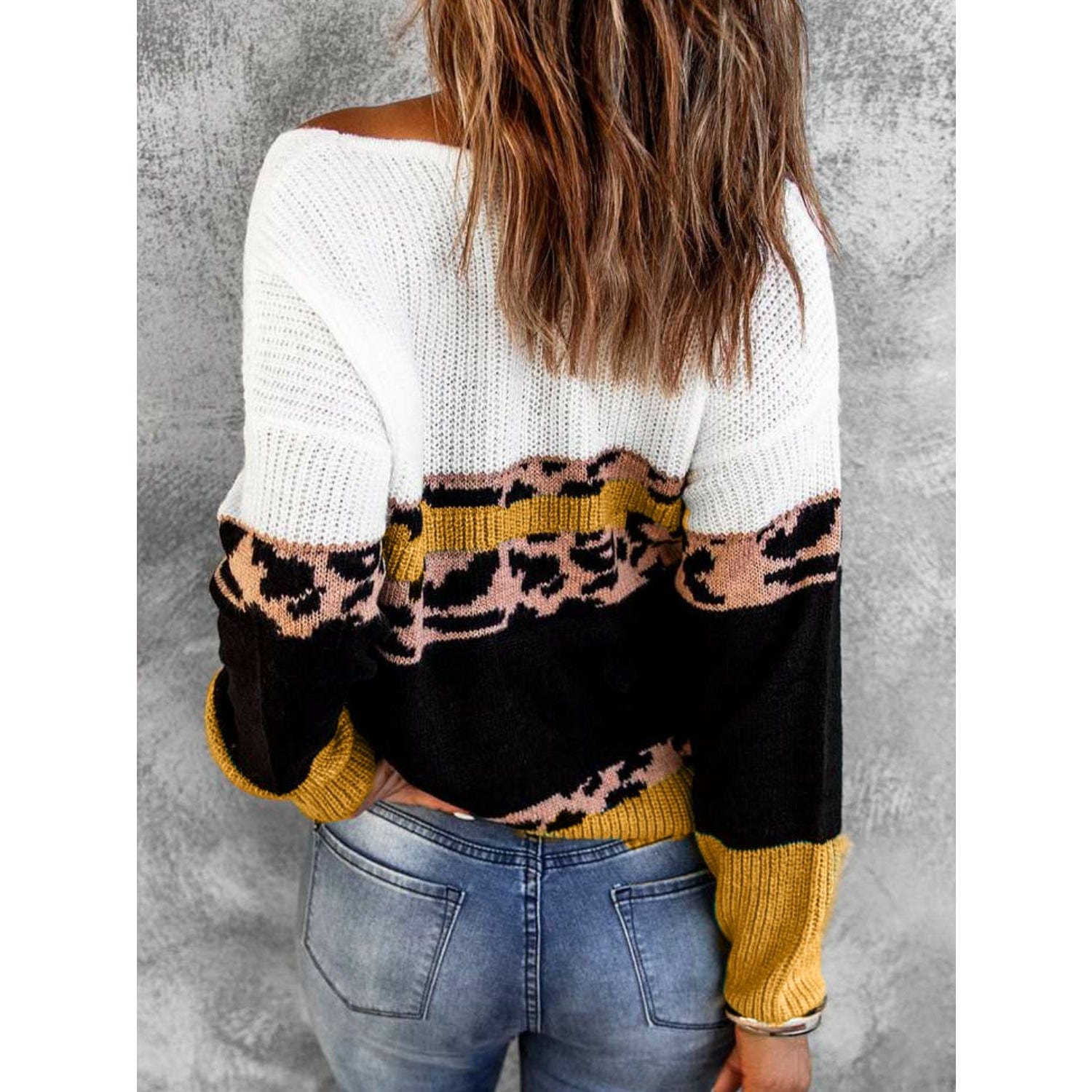 Leopard Color Block V-Neck Rib-Knit Sweater