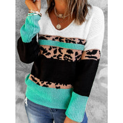 Leopard Color Block V-Neck Rib-Knit Sweater