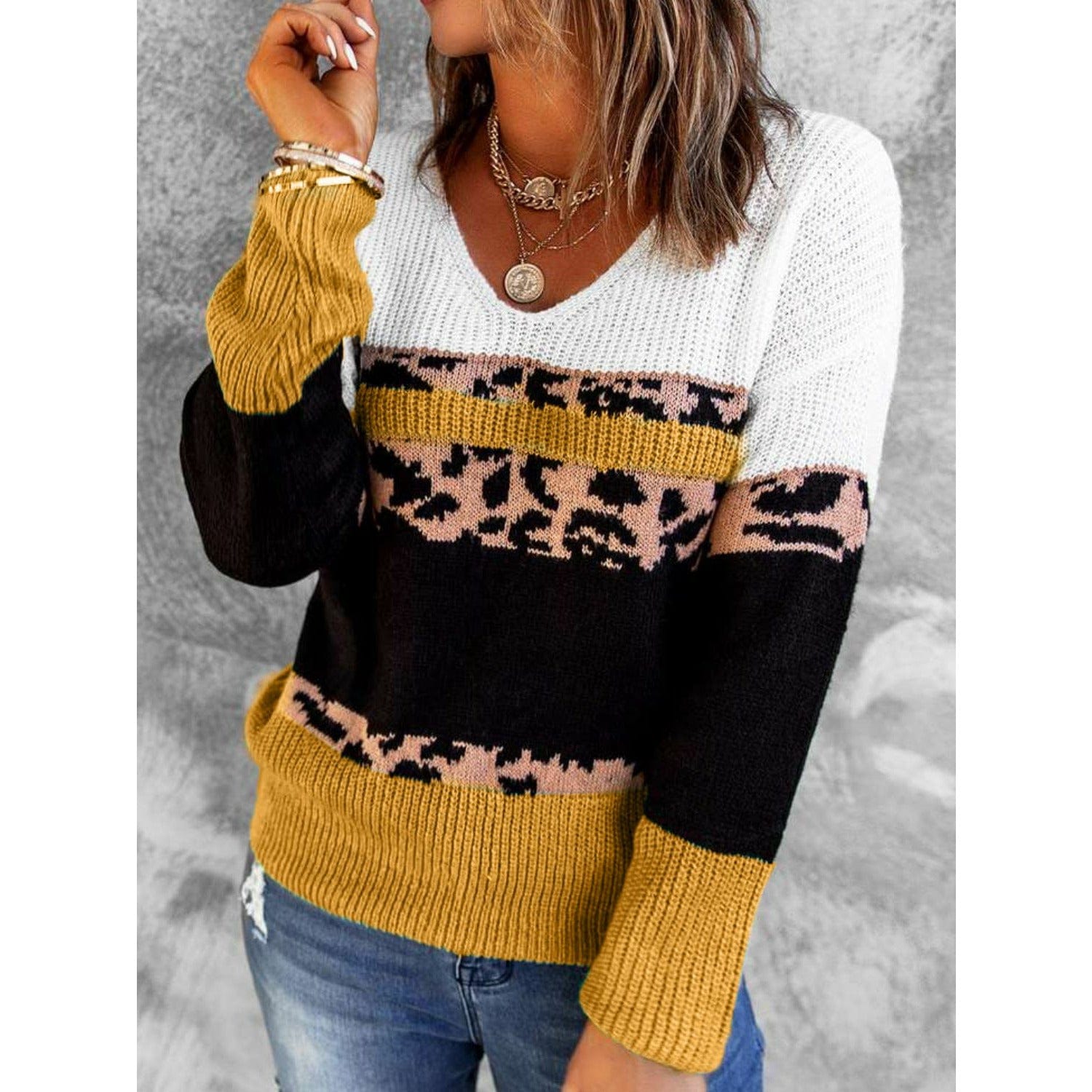 Leopard Color Block V-Neck Rib-Knit Sweater