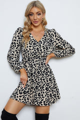 Leopard V-Neck Balloon Sleeve Dress