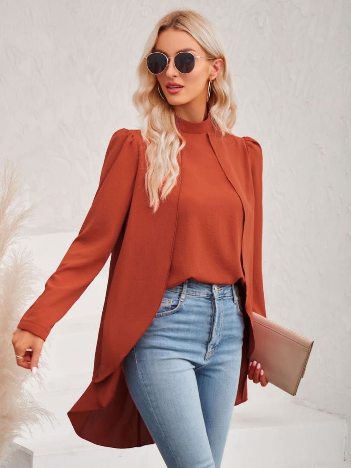 Long Puff Sleeve High-Low Blouse