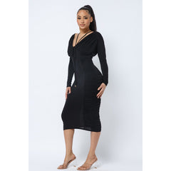 Long Sleeve Midi Dress With Low V Neck Front And Back With Ruching On Sides And Chest