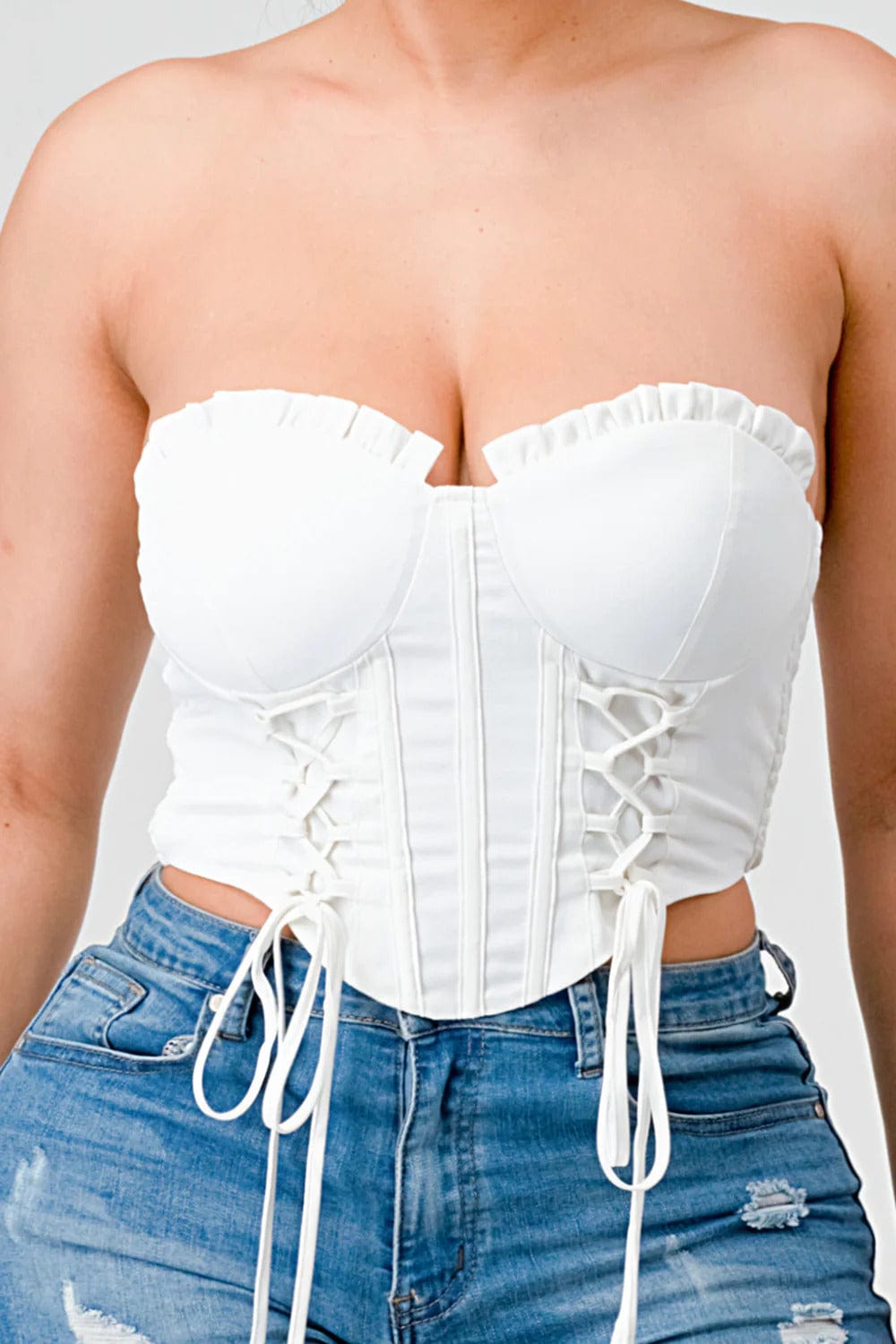 Luxe sweetheart ruffled drawstring lace bustier top