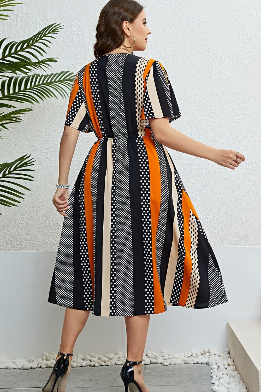 Mixed Print Striped Flutter Sleeve Dress