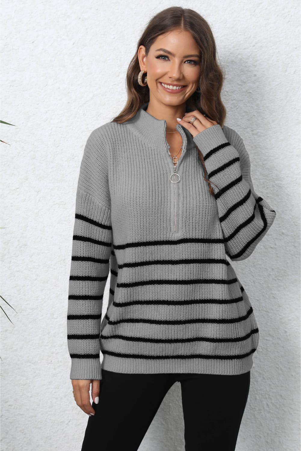 Mock Neck Long Sleeve Zip-Up Sweater