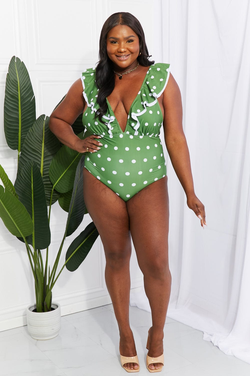 Moonlit Dip Ruffle Plunge Swimsuit in Mid Green