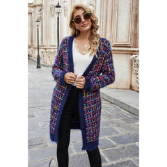 Multicolored Ribbed Trim Open Front Cardigan with Pockets